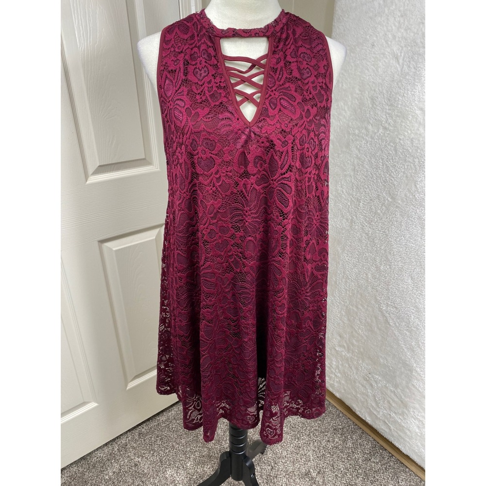 Liberty Love Lace Dress Sleeveless Criss Cross Neck Maroon Casual Romantic 1XL